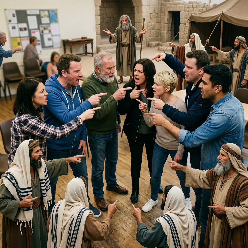 Seven adults standing in a circle indoors, angrily pointing fingers and shouting at each other.