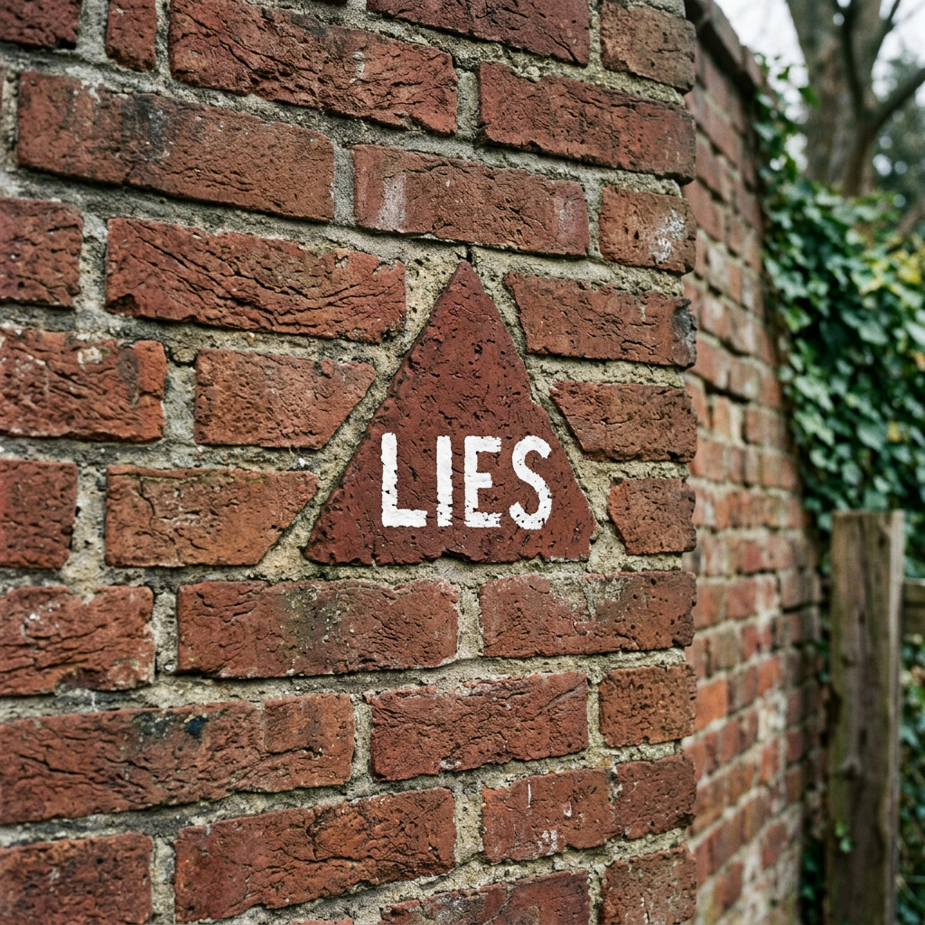Triangular brown sign with white letters spelling 'LIES' mounted on a weathered brick wall.