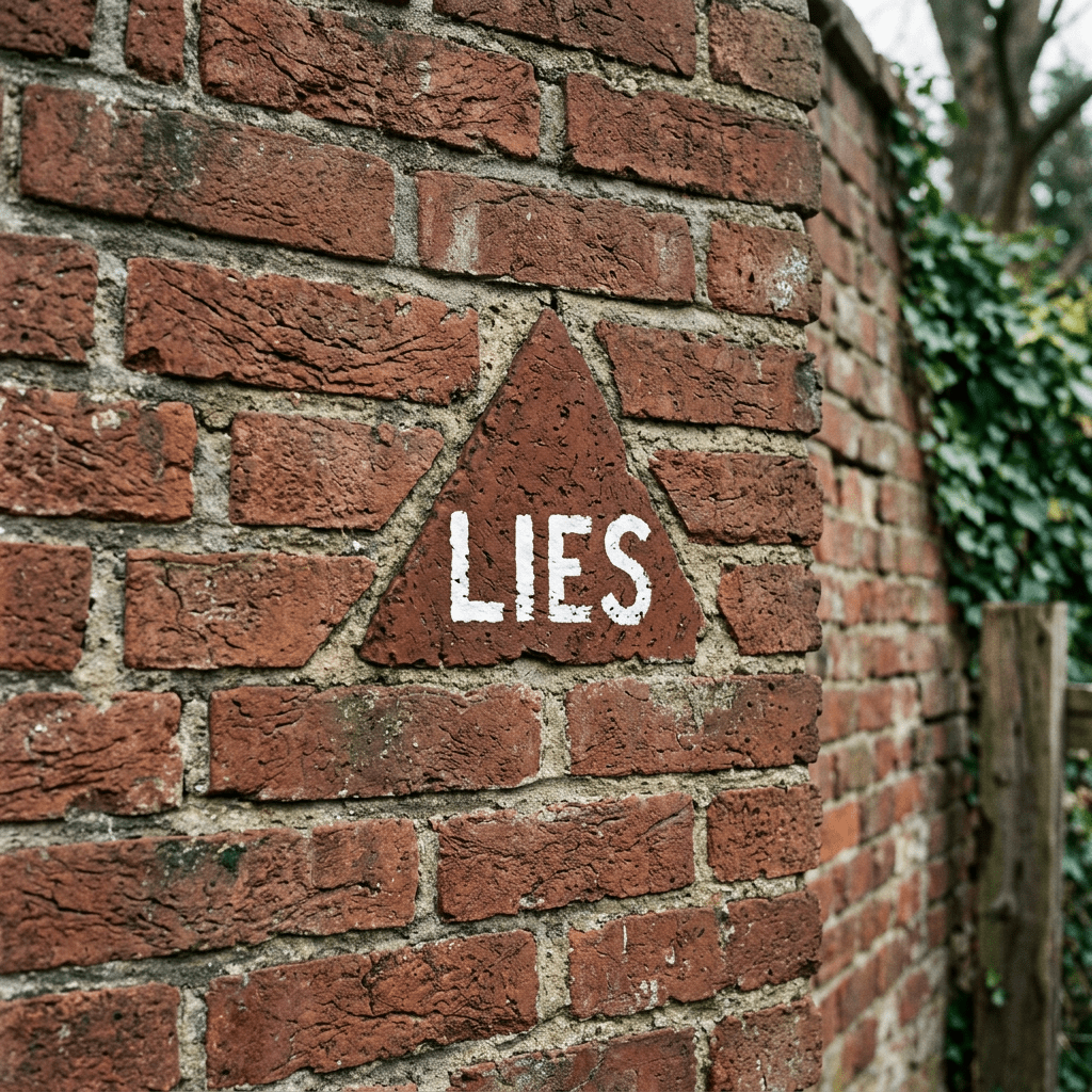 Triangular brown sign with white letters spelling 'LIES' mounted on a weathered brick wall.