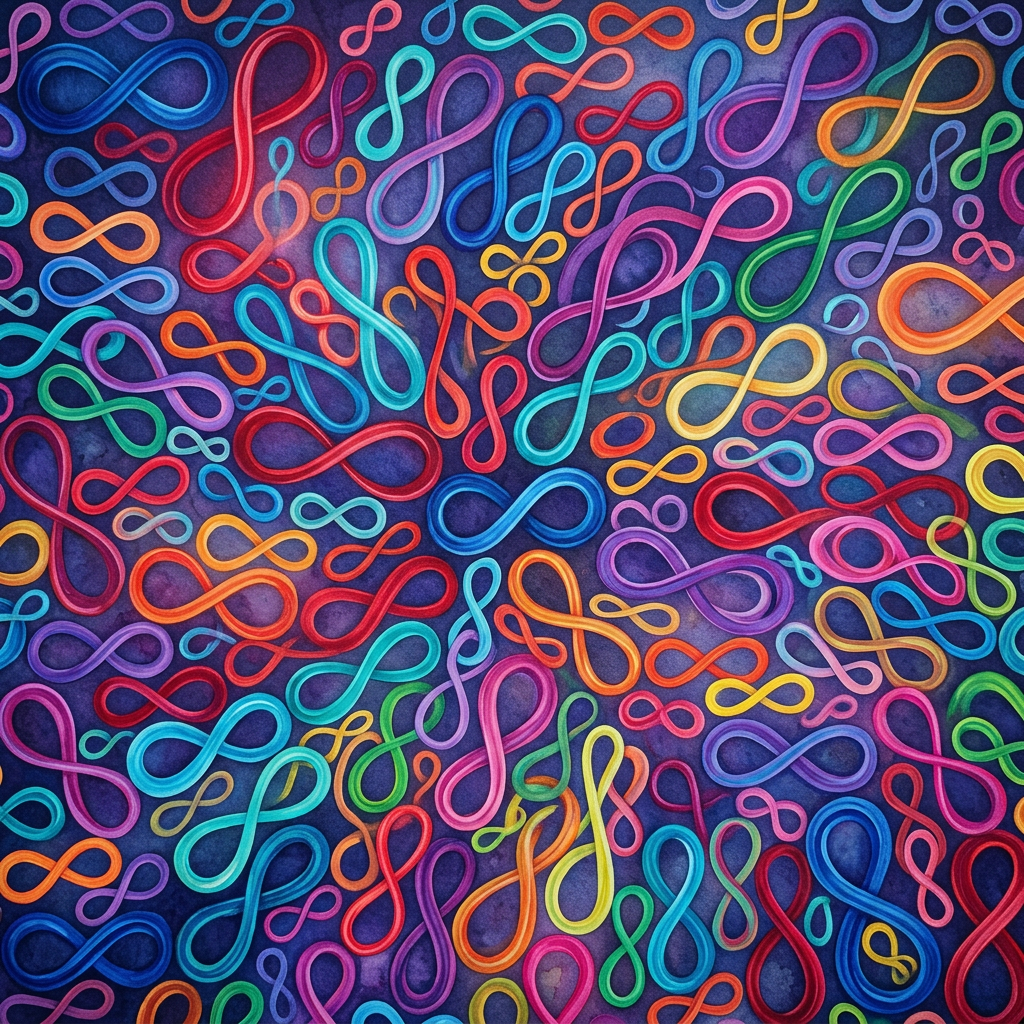Seamless pattern of colorful infinity symbols on a dark blue background