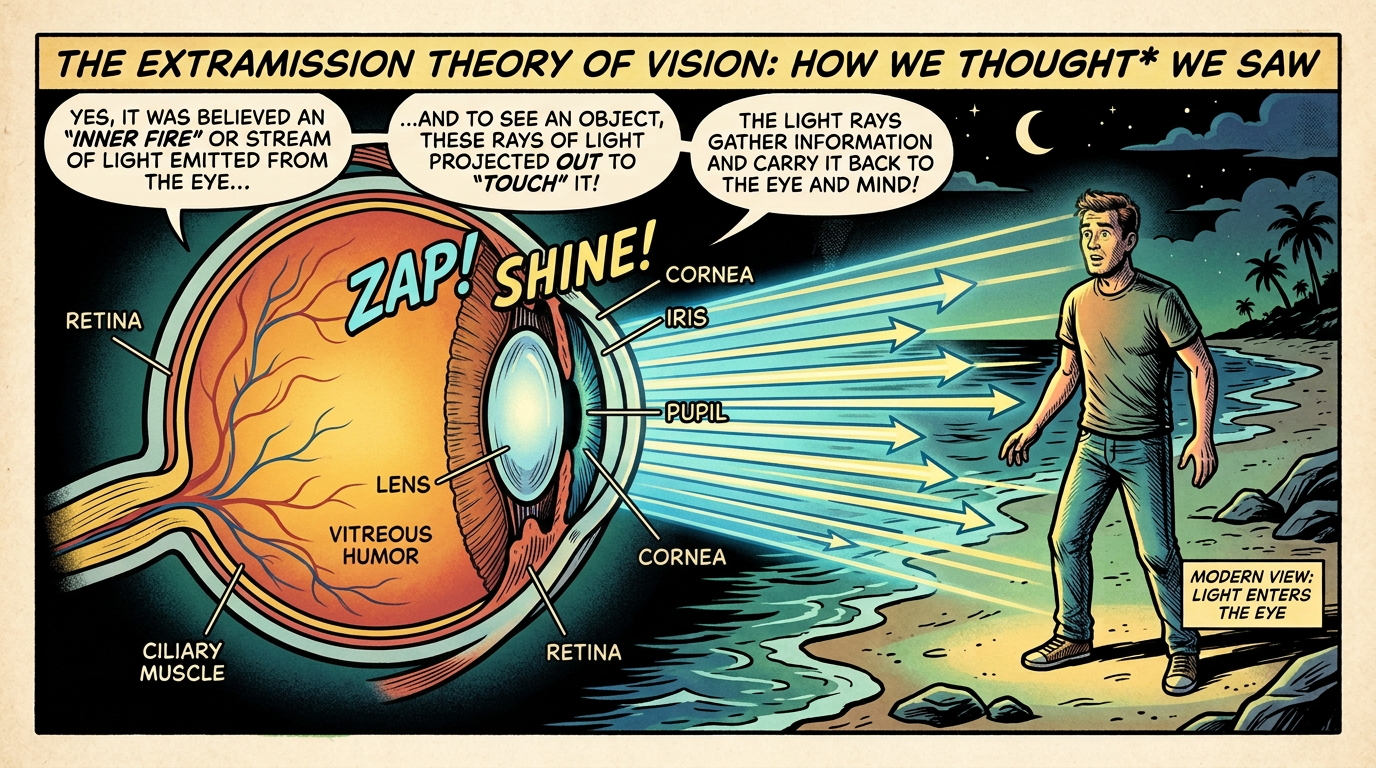 Comic titled “THE EXTRAMISSION THEORY OF VISION: HOW WE THOUGHT WE SAW,” showing an eye labeled cornea, iris, pupil, lens, vitreous humor, ciliary muscle, and retina; speech bubbles describe an inner fire emitting light and rays projecting outward to touch objects, while arrows show light entering the eye; text reads “ZAP! SHINE!” and “MODERN VIEW: LIGHT ENTERS THE EYE.”